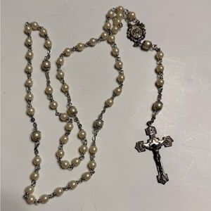 Vintage elegant Sterling Chapel Silver and Cream Rosary Necklace